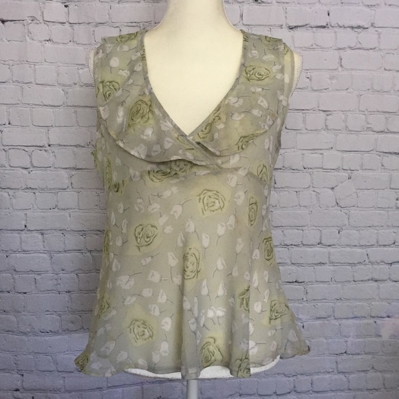 Sheer Flowy Green Floral Rose Print Blouse - Picture 1 of 4